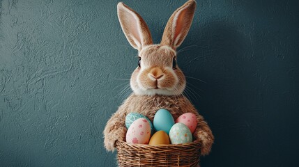 Handcrafted wooden rabbit figurine carrying a small basket of pastel colored eggs against a deep blue background blending tradition with a rustic decorative charm
