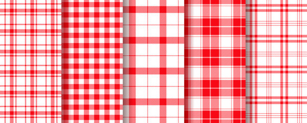 Tartan seamless pattern. Gingham red background. Set checkered prints. Plaid table cloth texture. Kitchen textile. Picnic tablecloth. Geometric cloth. Buffalo cotton fabric. Vector illustration