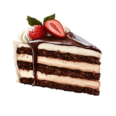 Slice of Chocolate Cake with Two Layers, Cream Filling, and Decorative Rose Topping."