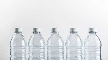 Naklejka premium A close-up shot of clean, clear plastic bottles ready for recycling, arranged neatly on a white background, ideal for environmental campaigns.