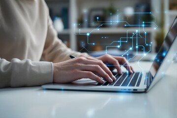 Person typing on laptop with futuristic digital interface overlay.