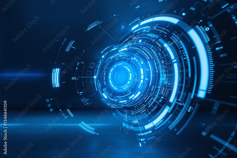 Poster futuristic digital interface with glowing blue hud elements.