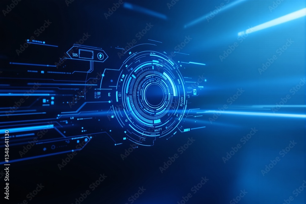 Poster futuristic digital technology interface with glowing blue circular elements.