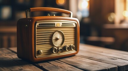 A classic vintage radio in a wooden case stands on a wooden table, creating an atmosphere of coziness and nostalgia. Soft, diffused light and a slightly blurred background.