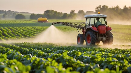 Fototapeta premium Pesticide application on crops in a rural field during sunset hours