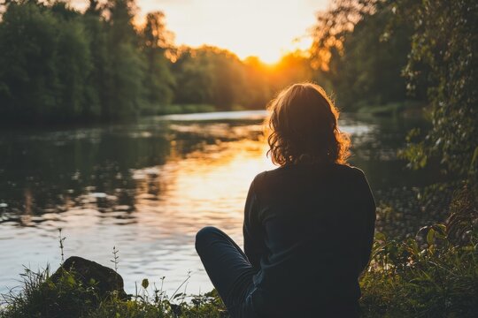 A person sits quietly by a river, listening to the gentle flow of water. They smile softly, feeling thankful for natureâ€™s peace - Powered by Adobe