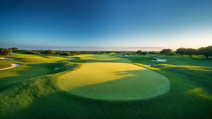 Lush green golf course under clear blue sky, wide landscape