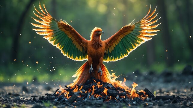 phoenix bird rising from flames symbolizes renewal and resilience in nature