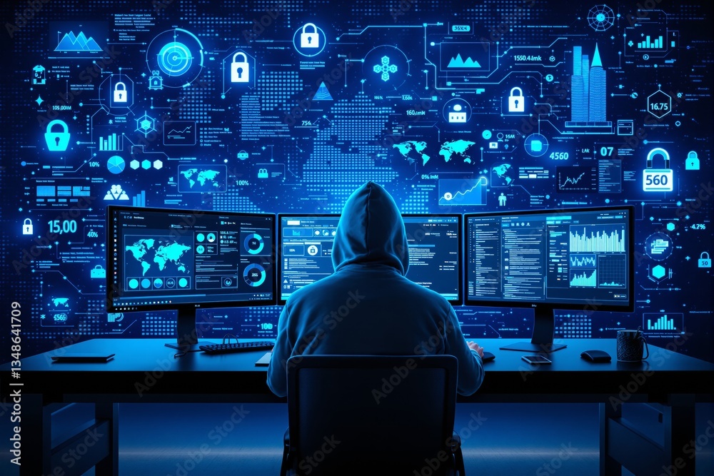 Poster Cybersecurity hacker in hoodie analyzing data on multiple screens in dark room.
