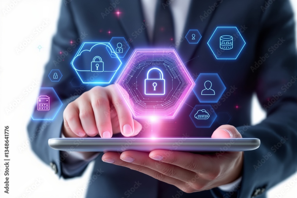 Poster businessperson using tablet with futuristic cybersecurity icons floating in air.
