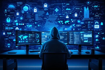 Cybersecurity hacker in hoodie analyzing data on multiple screens in dark room.