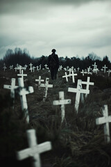  A soldier standing before an endless field of white crosses in world war I