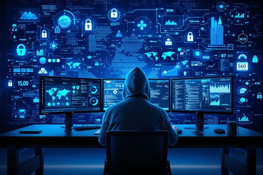 Cybersecurity hacker in hoodie analyzing data on multiple screens in dark room.