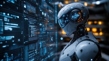 Digital concept of humanoid robot with AI interface and futuristic HUD elements