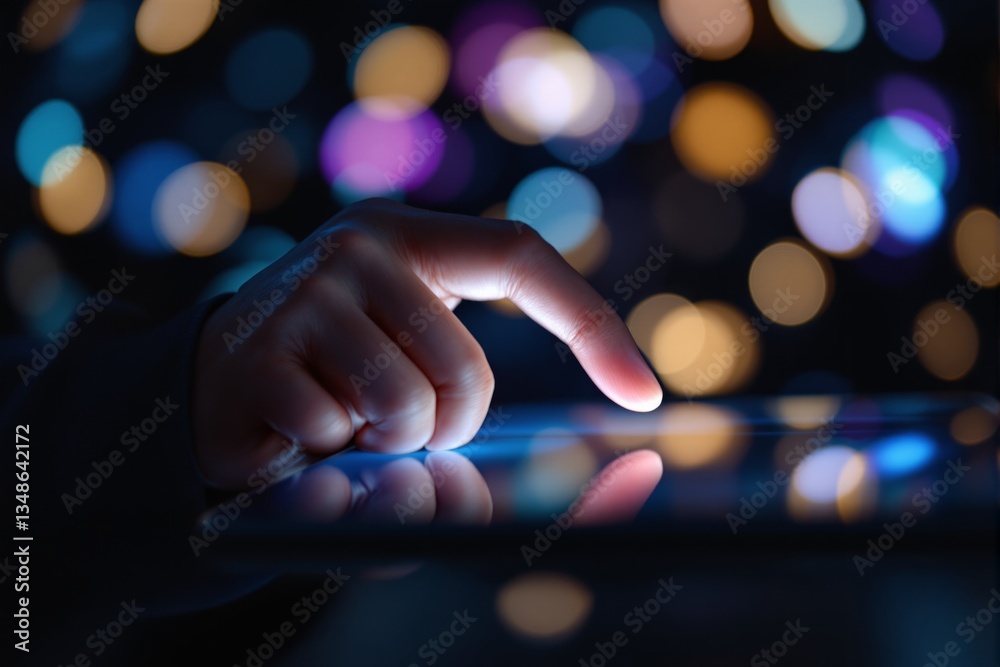 Poster close-up of a hand touching a digital tablet screen in a futuristic setting.