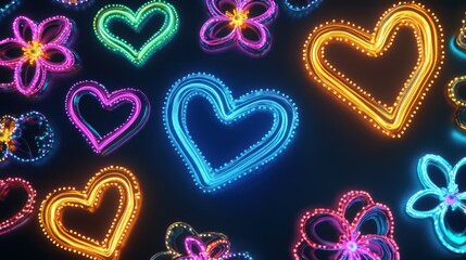Neon Hearts and Flowers Pattern