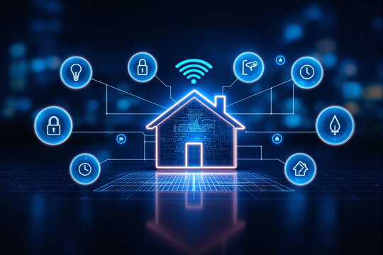 Futuristic smart home technology concept with glowing digital house and connected IoT icons.