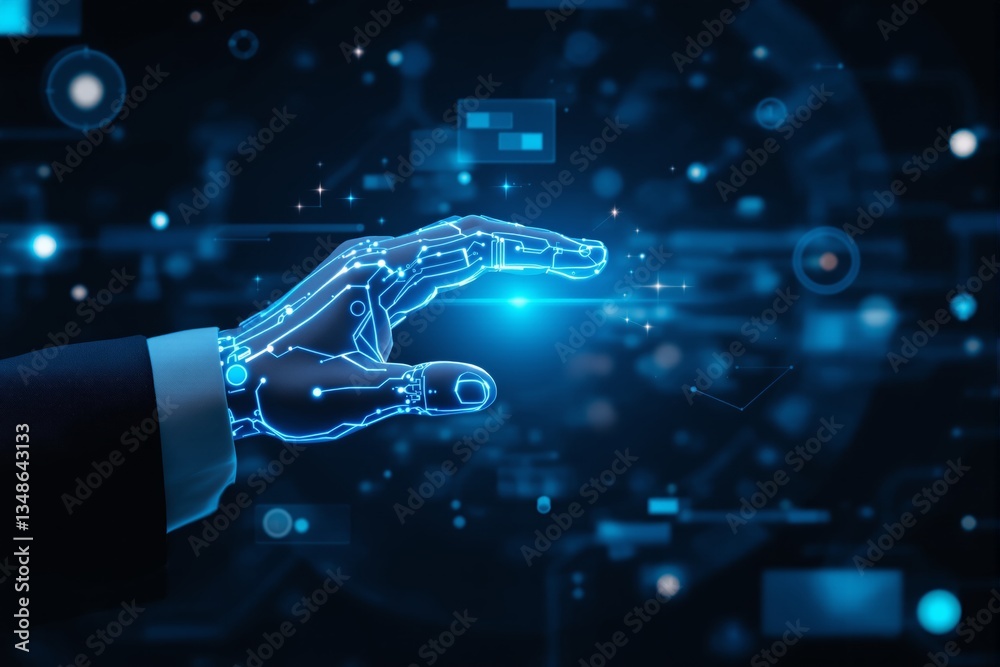 Aufkleber futuristic robotic hand with digital circuits reaching towards a glowing point in a technology-inspi