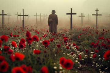  A soldier standing before an endless field of black crosses in world war I