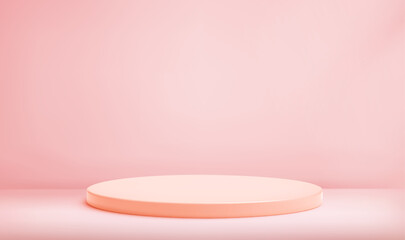 3d pink product podium on pink table background. Studio scene display with platform step pedestal for sale template, presentation, mockup. Abstract realistic vector illustration.
