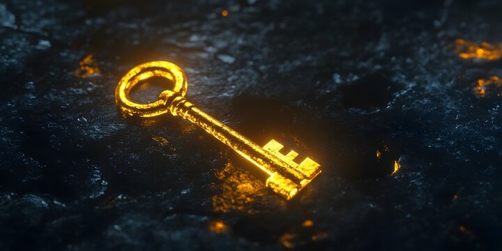 A golden shining key on a dark cinematic backdrop  long title A dramatic cinematic image depicting a solitary glowing golden key against a moody dark