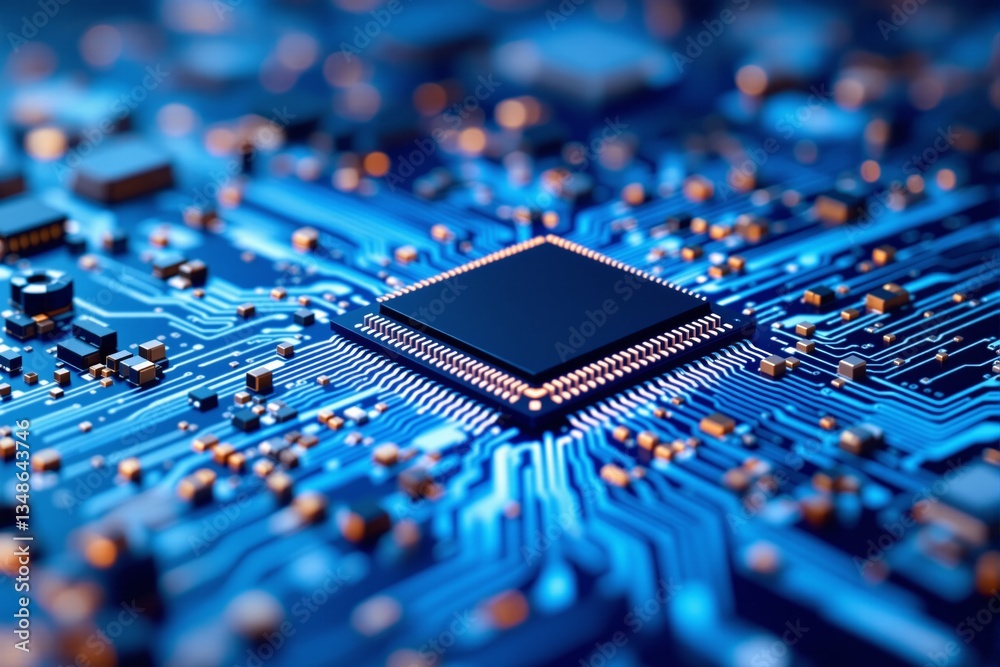 Poster Close-up of a microchip on a blue circuit board with intricate electronic components.