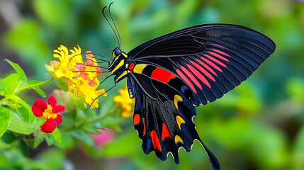 Exotic butterfly sipping nectar from bright yellow flowering plants in vibrant garden