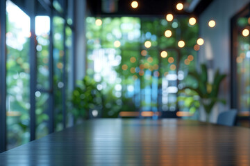 Fototapeta premium An image of blurred interior of a room, classroom or study area. There are tables and chairs visible in the foreground, with large windows or glass walls in the background.