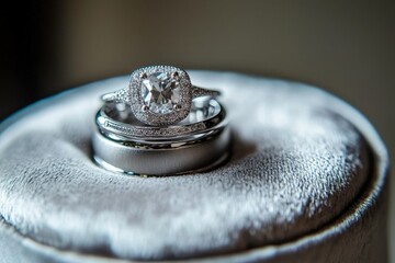 Elegant Wedding Ring Set Displayed on Velvet Cushion with Soft Lighting