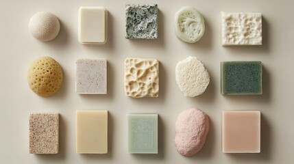 Fototapeta premium A set of pastel-colored soap bars placed neatly on a neutral-toned background, symbolizing hygiene and skin care.