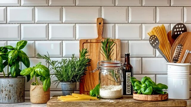 Fresh herbs, pasta, and kitchen tools come together in a bright and inviting cooking space perfect for culinary creativity