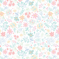 Vintage seamless floral pattern. Liberty style background of small pastel colorful flowers. Small flowers scattered over a white background. Stock vector for printing on surfaces. Abstract flowers.