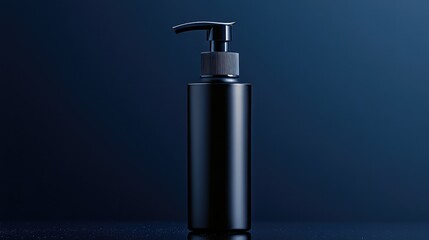 A simple, matte black pump bottle placed on a reflective surface with soft shadows.