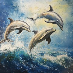 Obraz premium Playful dolphins leaping out of water 
