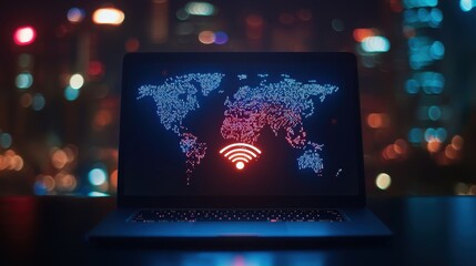 A laptop displays a world map illuminated with lights, featuring a prominent Wi-Fi symbol, set against a blurred cityscape backdrop.