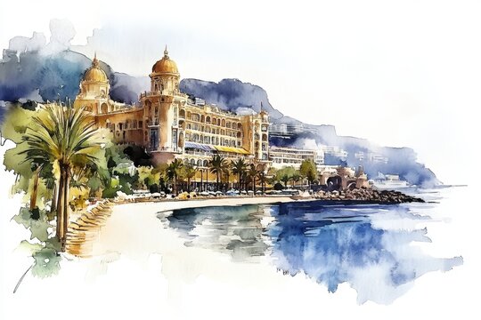 Luxury Coastal Views of Monaco in Watercolor

