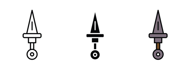 Set of 3 pixel perfect Kunai colored icon with 1 unexpanded, 1 silhouette, A sharp kunai icon, symbolizing stealth, ninjas, and martial arts in a bold vector style.