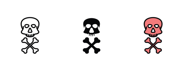 Set of 3 pixel perfect Crossbones Skull colored icon with 1 unexpanded, 1 silhouette, Bold crossbones skull icon, symbolizing danger and piracy, in a strong vector style.