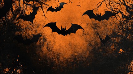 A dark Halloween background with an orange and black gradient, silhouettes of bats, and spooky trees.