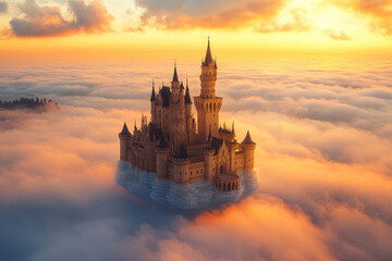 Majestic medieval castle floating above the clouds at sunrise
