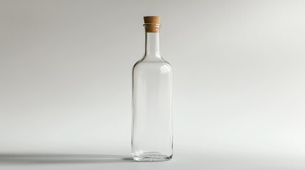 A tall, empty bottle with a cork top, placed in the center of a white background, offering space for product branding.