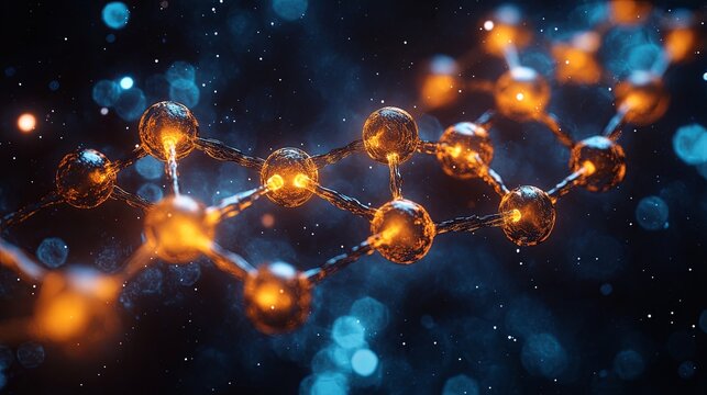 Abstract glowing protein structure floating in dark space with soft focus molecular background