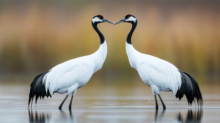 Obraz premium Two Cranes in Duet Pose Sharing a Connection in Tranquil Waters 