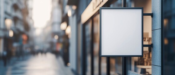 Storefront with blank square sign on a busy city street