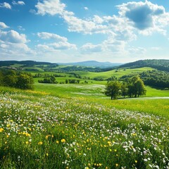 Fototapeta premium Springtime rural landscape with blooming wildflowers and fresh greenery 