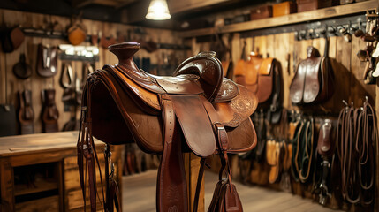 Traditional Leather Saddle on Display in Rustic Tack Room  