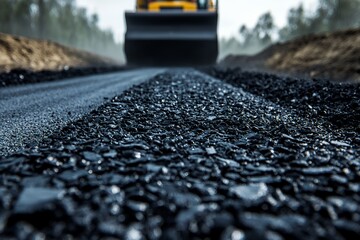 Close-up view of fresh asphalt on a road construction site