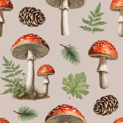 Forestcore pattern design with  fly agaric. Perfect for home textile, wallpapers, fabrics, apparel, packaging design, stationery and other printed goods