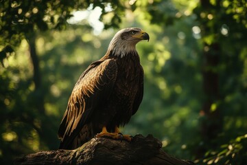Obraz premium Majestic eagle perched on a mossy log, basking in the golden morning light of a serene forest