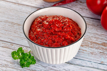 Bulgarian traditional lutenica pepper sauce